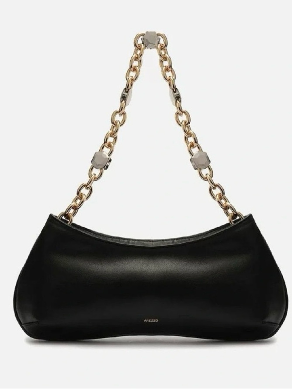 AREZZO Black Leather Baguette Shoulder Bag Chunky Chain Strap Geometric Accent